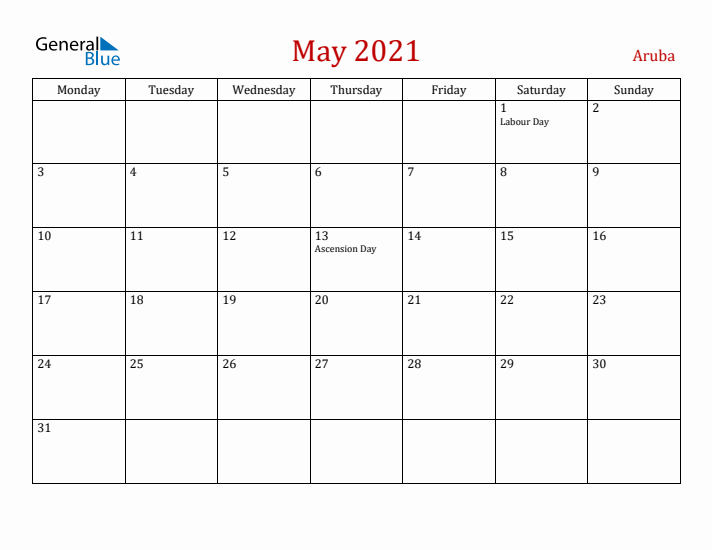 Aruba May 2021 Calendar - Monday Start