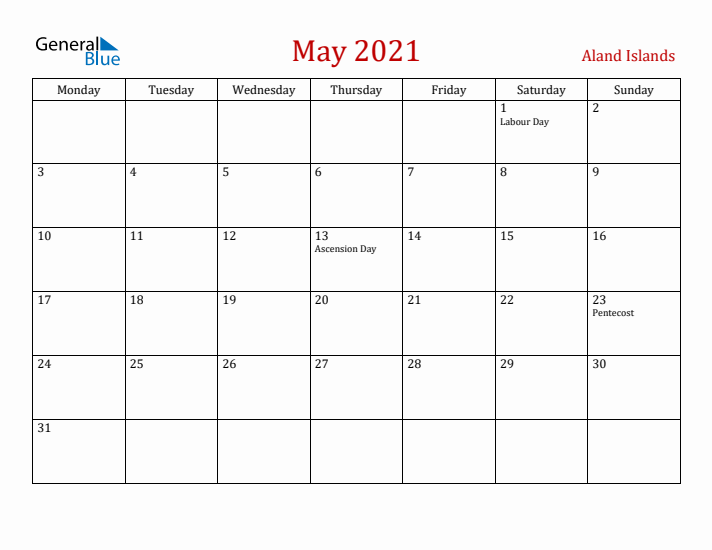 Aland Islands May 2021 Calendar - Monday Start