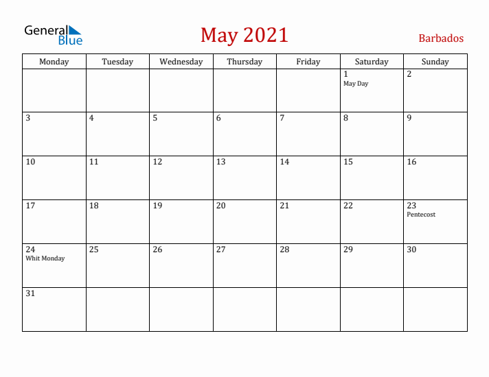 Barbados May 2021 Calendar - Monday Start