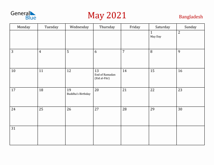 Bangladesh May 2021 Calendar - Monday Start