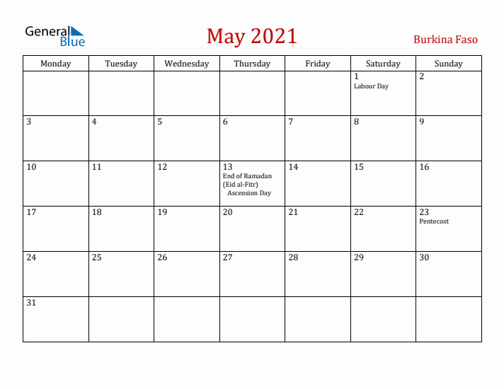 Burkina Faso May 2021 Calendar - Monday Start