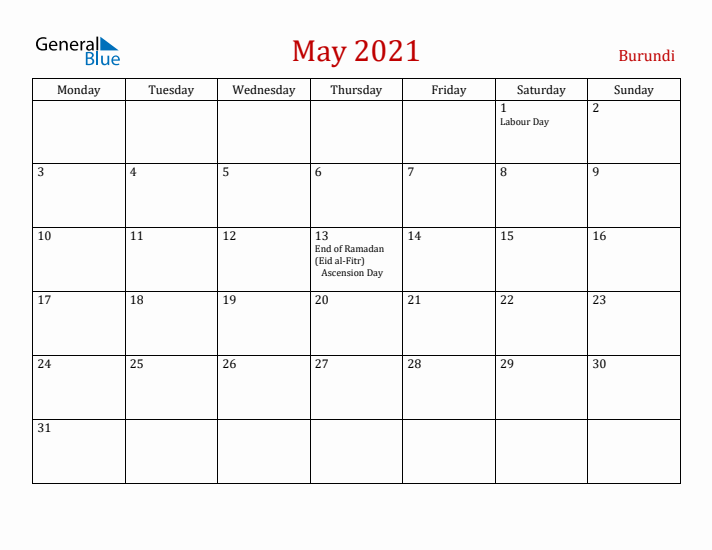Burundi May 2021 Calendar - Monday Start
