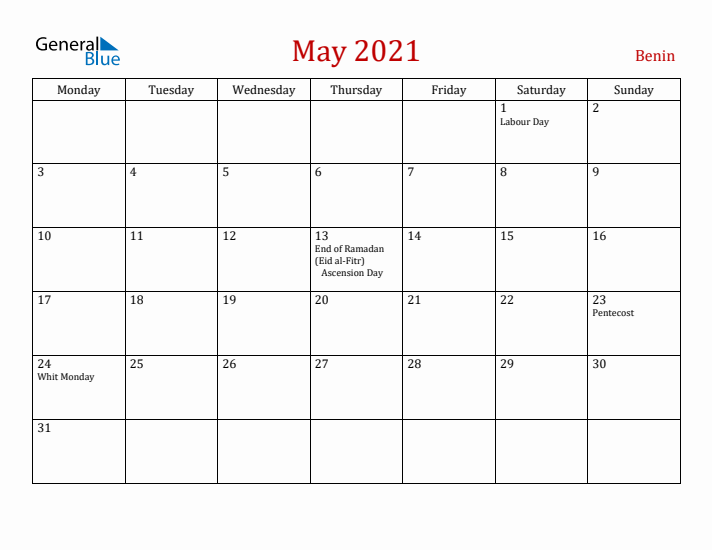 Benin May 2021 Calendar - Monday Start