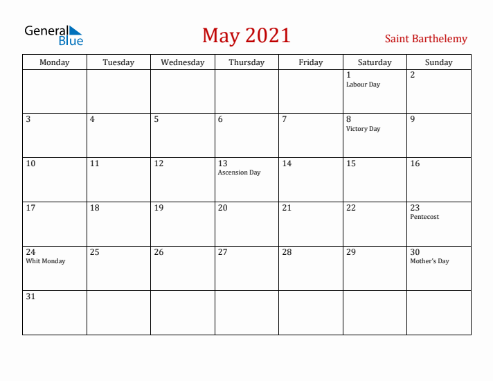 Saint Barthelemy May 2021 Calendar - Monday Start