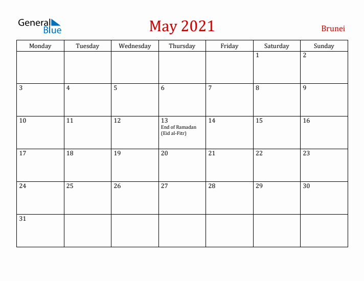 Brunei May 2021 Calendar - Monday Start
