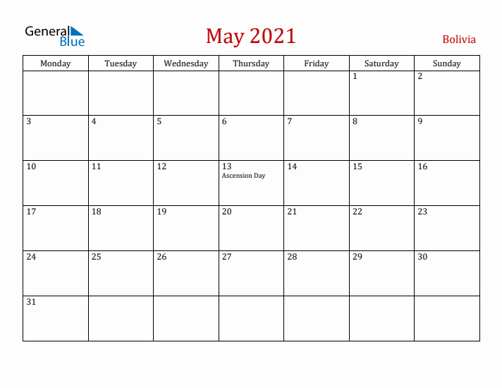Bolivia May 2021 Calendar - Monday Start