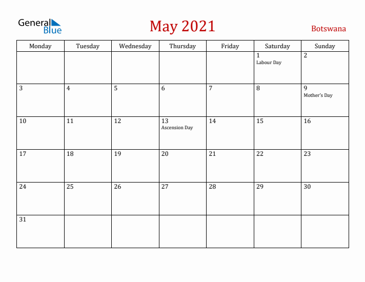 Botswana May 2021 Calendar - Monday Start