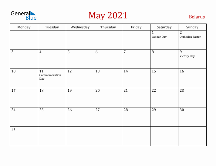Belarus May 2021 Calendar - Monday Start