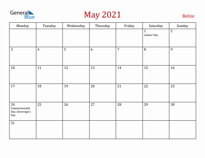 Belize May 2021 Calendar - Monday Start