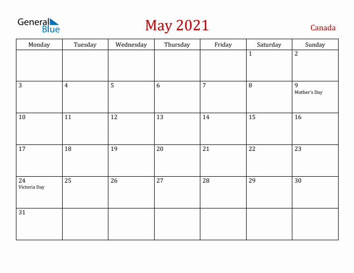 Canada May 2021 Calendar - Monday Start