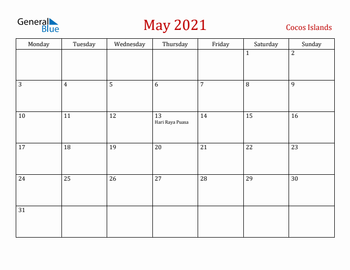 Cocos Islands May 2021 Calendar - Monday Start