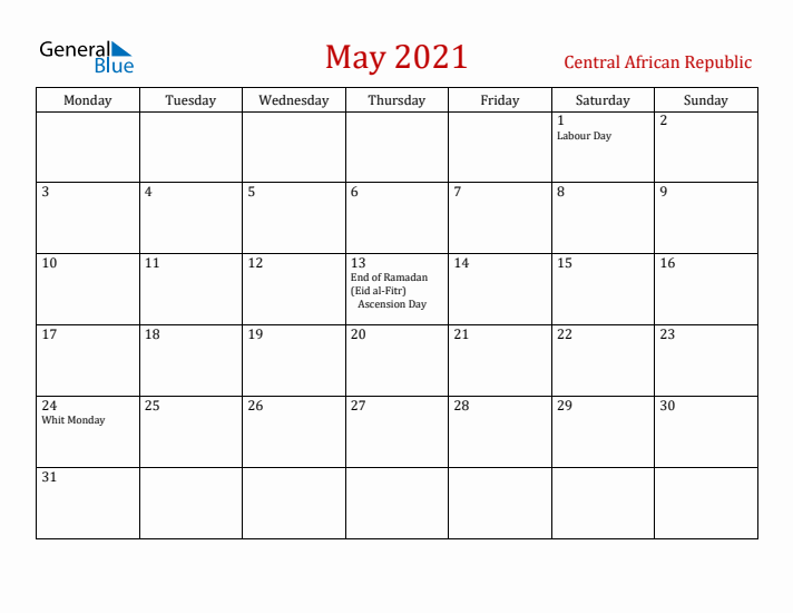 Central African Republic May 2021 Calendar - Monday Start