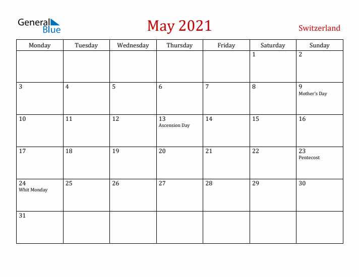 Switzerland May 2021 Calendar - Monday Start