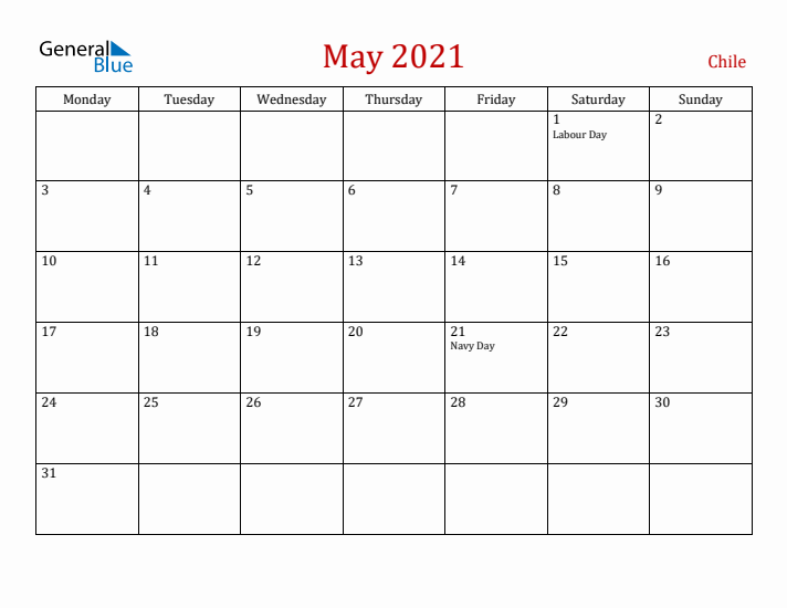Chile May 2021 Calendar - Monday Start