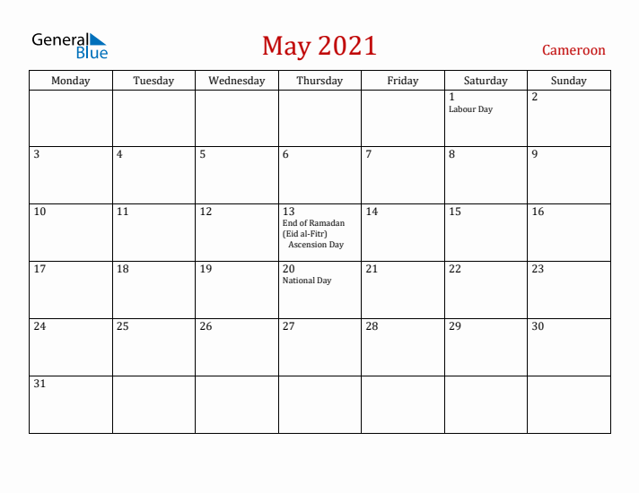 Cameroon May 2021 Calendar - Monday Start