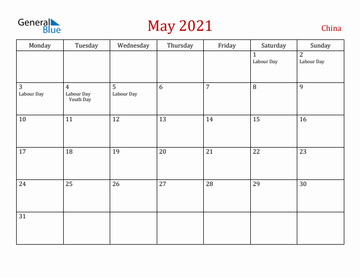 China May 2021 Calendar - Monday Start