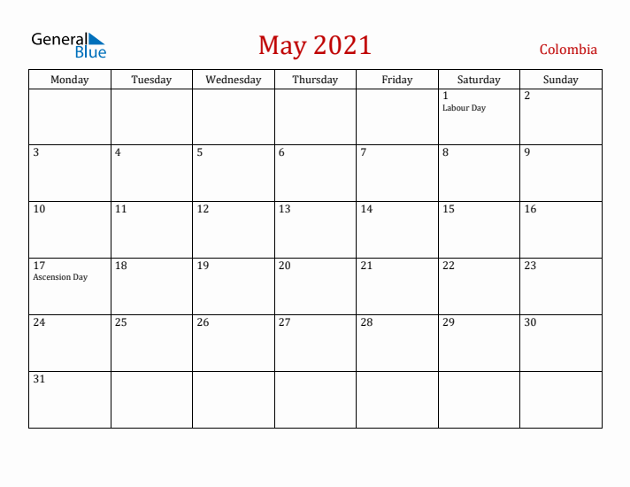Colombia May 2021 Calendar - Monday Start