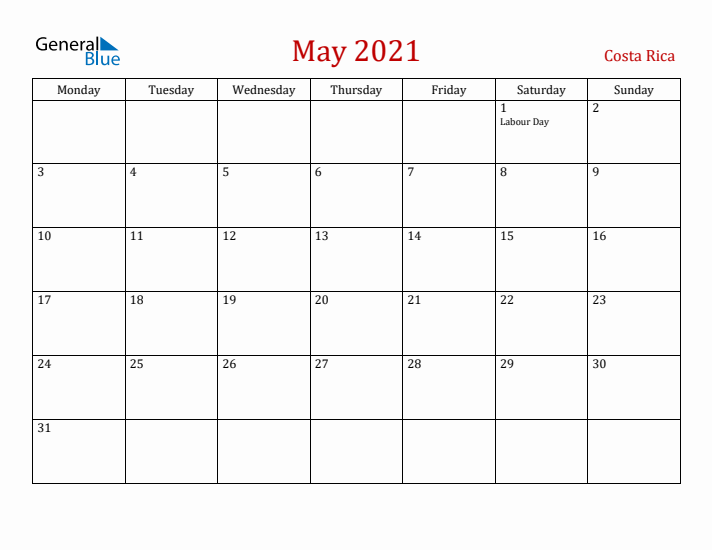 Costa Rica May 2021 Calendar - Monday Start