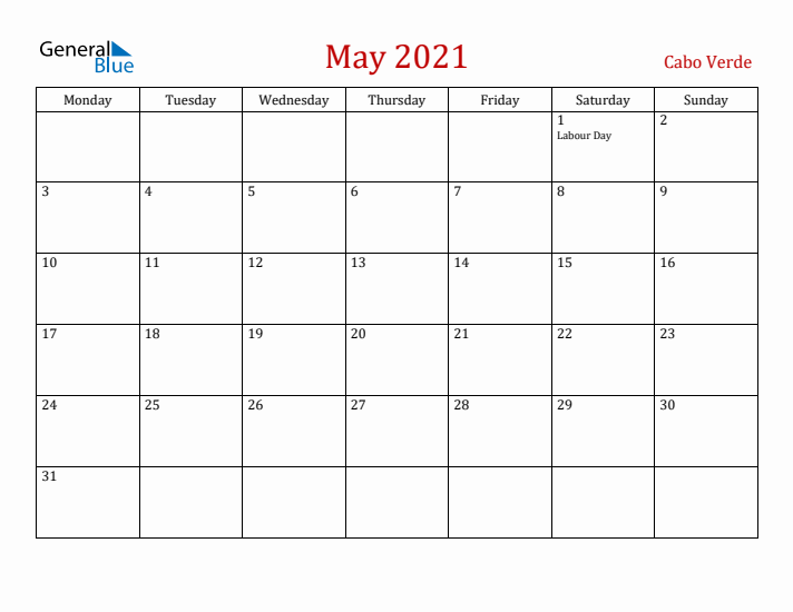 Cabo Verde May 2021 Calendar - Monday Start