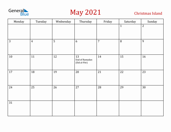 Christmas Island May 2021 Calendar - Monday Start