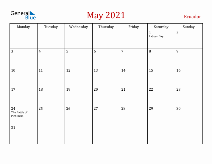 Ecuador May 2021 Calendar - Monday Start