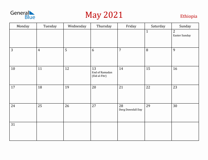 Ethiopia May 2021 Calendar - Monday Start