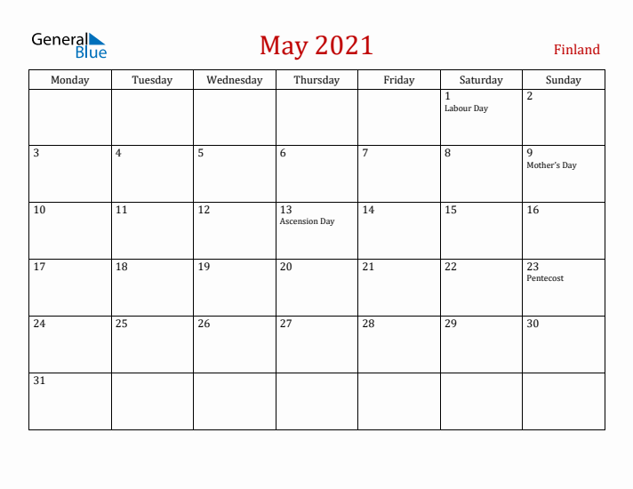 Finland May 2021 Calendar - Monday Start