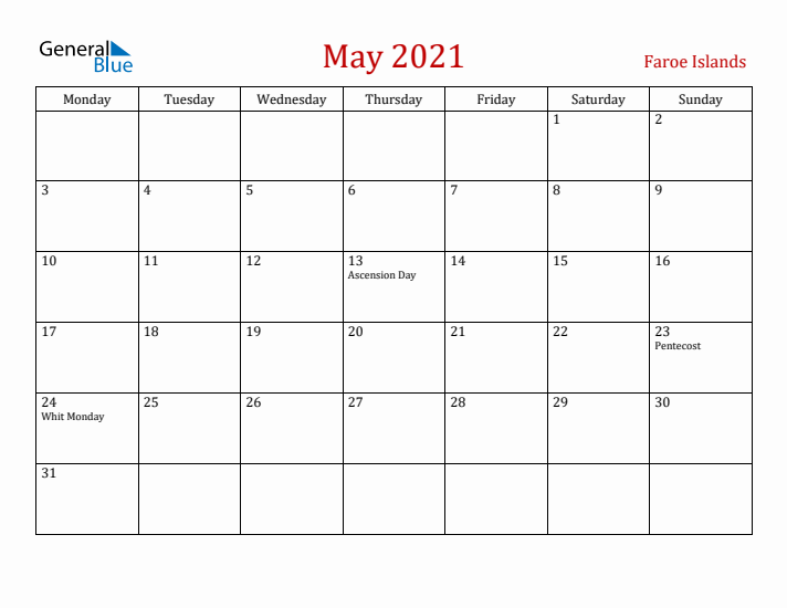 Faroe Islands May 2021 Calendar - Monday Start