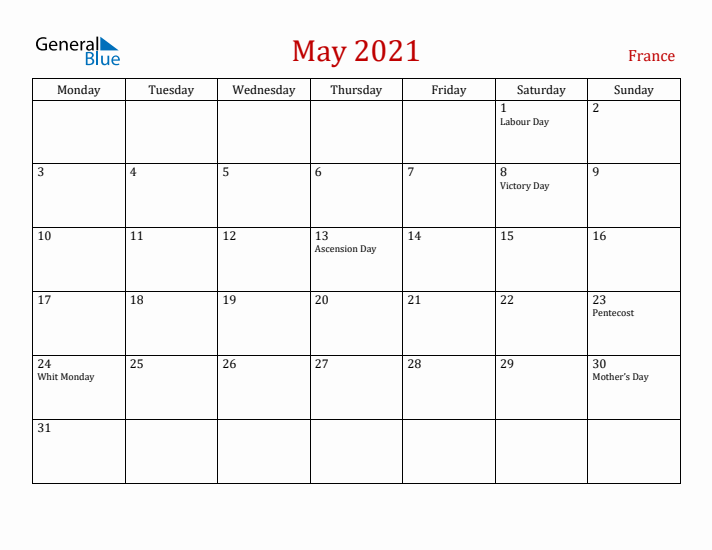 France May 2021 Calendar - Monday Start