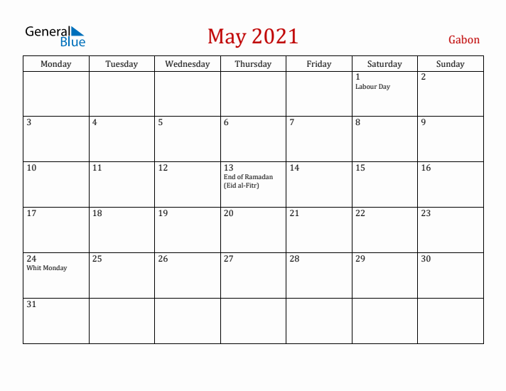Gabon May 2021 Calendar - Monday Start