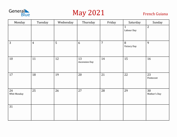 French Guiana May 2021 Calendar - Monday Start