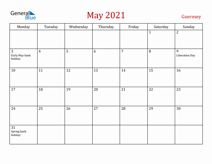 Guernsey May 2021 Calendar - Monday Start