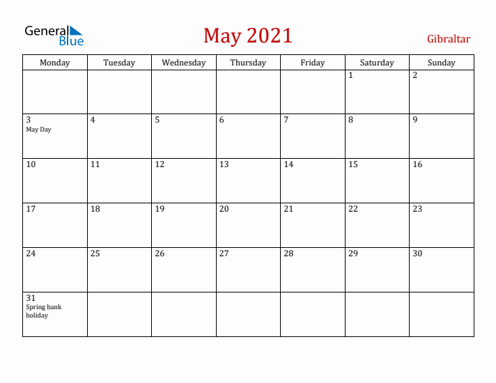 Gibraltar May 2021 Calendar - Monday Start