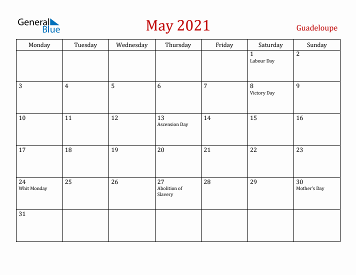 Guadeloupe May 2021 Calendar - Monday Start