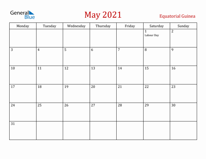Equatorial Guinea May 2021 Calendar - Monday Start