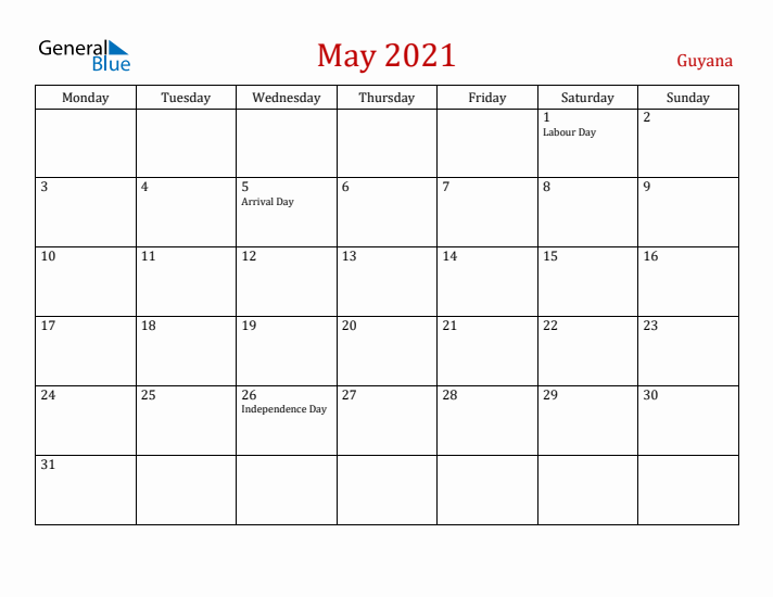 Guyana May 2021 Calendar - Monday Start