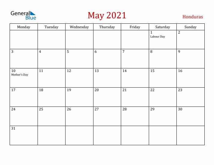 Honduras May 2021 Calendar - Monday Start