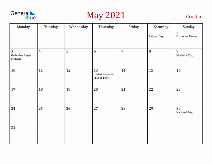 Croatia May 2021 Calendar - Monday Start