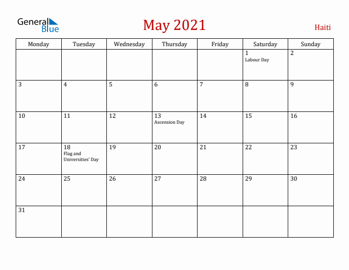 Haiti May 2021 Calendar - Monday Start