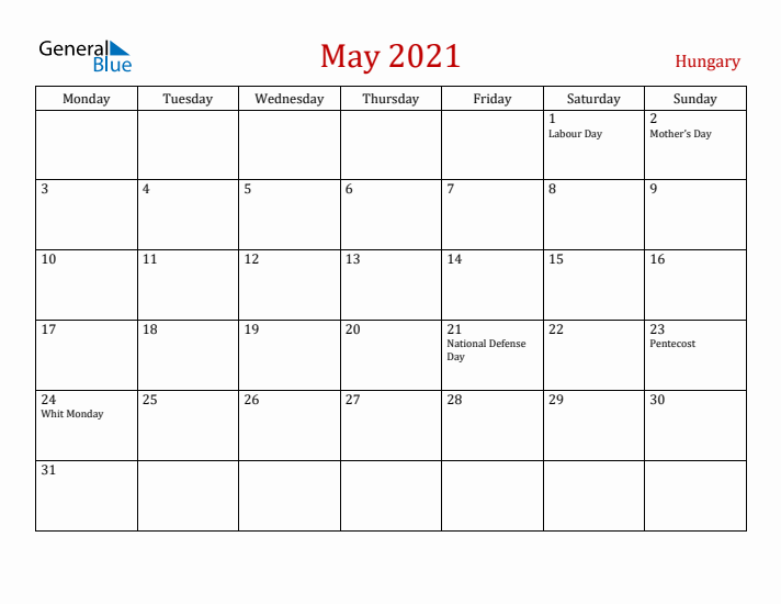 Hungary May 2021 Calendar - Monday Start