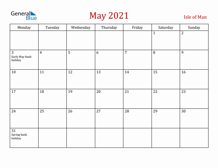 Isle of Man May 2021 Calendar - Monday Start