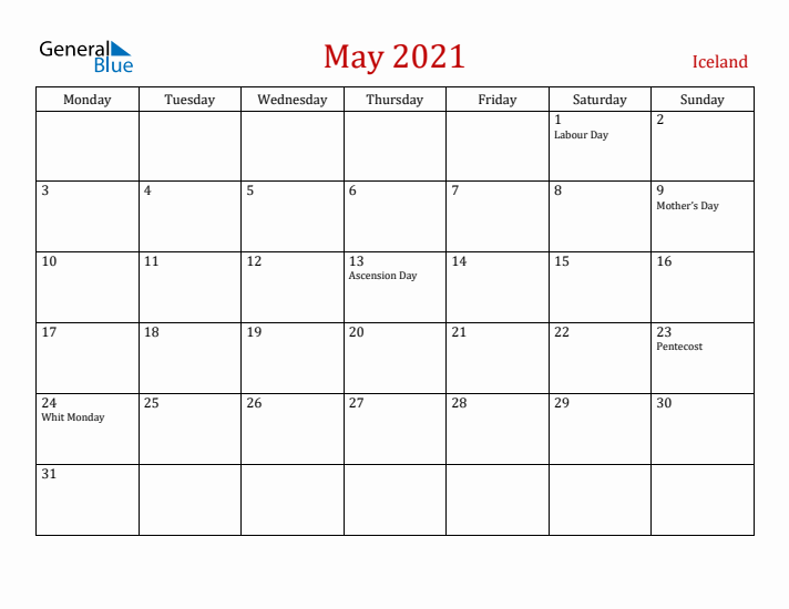 Iceland May 2021 Calendar - Monday Start