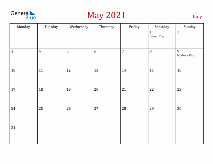 Italy May 2021 Calendar - Monday Start