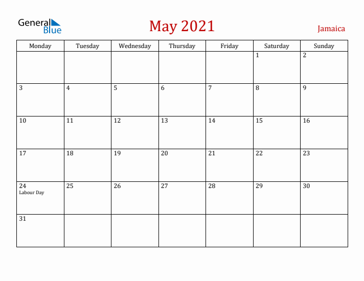 Jamaica May 2021 Calendar - Monday Start