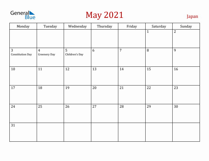 Japan May 2021 Calendar - Monday Start