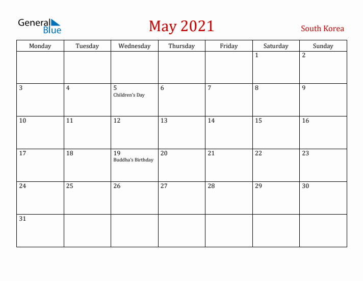 South Korea May 2021 Calendar - Monday Start