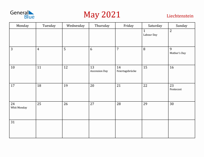 Liechtenstein May 2021 Calendar - Monday Start