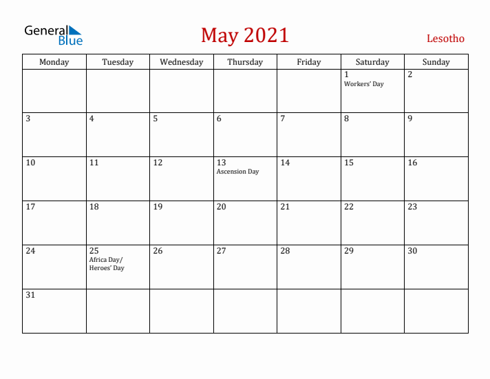Lesotho May 2021 Calendar - Monday Start