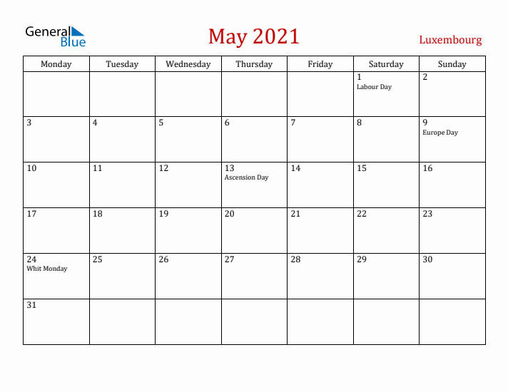 Luxembourg May 2021 Calendar - Monday Start