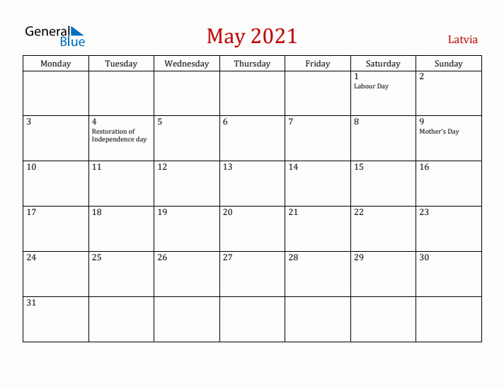 Latvia May 2021 Calendar - Monday Start